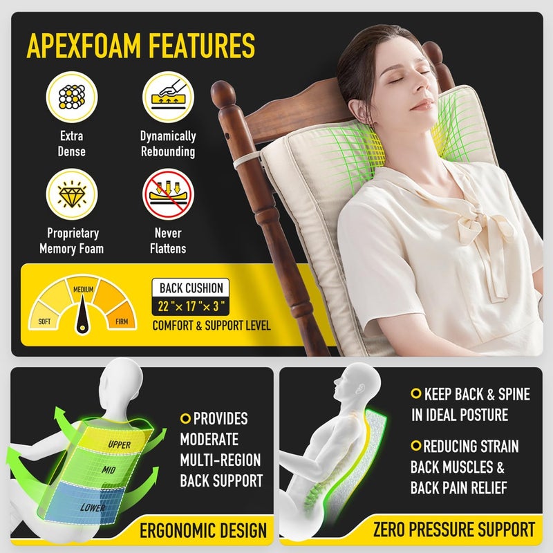 SUNROX Memory Foam Non Slip Rocking Chair Cushion, FadeShield Water Resistant Thicken Durable Tufted Pads, Set of Seat & Back Cushion with Ties for Indoor/Outdoor Rocker, 2 Piece, Cream - Image 3